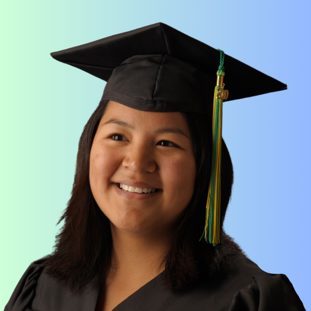 Scholarship recipient in a cap and gown against a gradient background