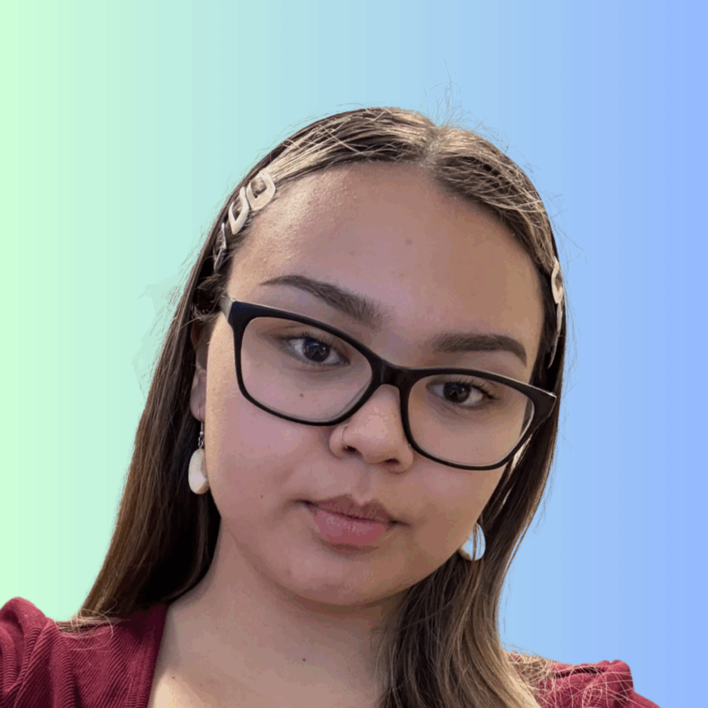 Scholarship recipient against a gradient background